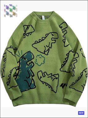 Y2K Oversized Dinosaur Graphic Knit Sweater Chunky Crewneck Pullover Streetwear